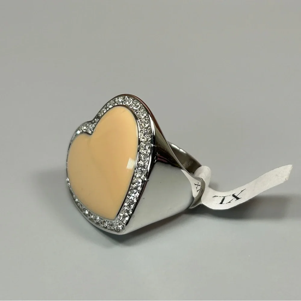 Camille Lucie Cream Enameled CZ Silver Heart Ring